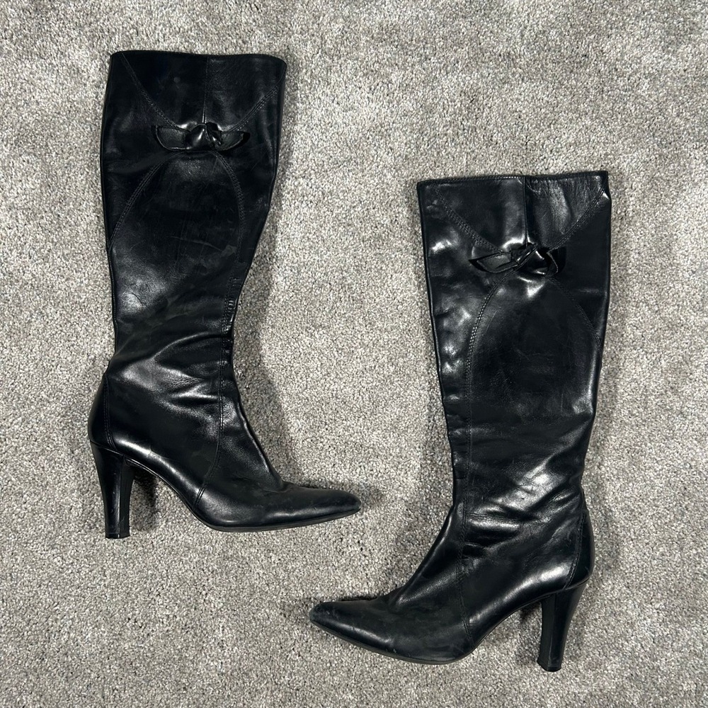 EAISRIA Womens Black Leather Knee High Boots‎ Pointed Toe Bow Detail Size 7.5M